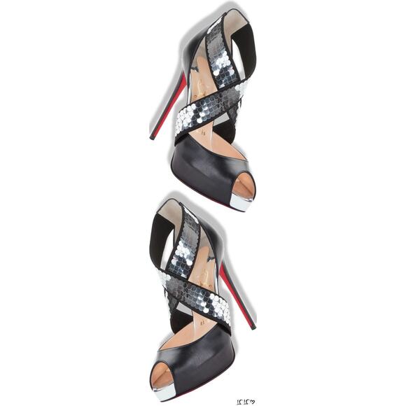 Christian Louboutin Xiletta 120 Black Silver Peep Platform Sandal Heel Pump 35.5 - Picture 5 of 16